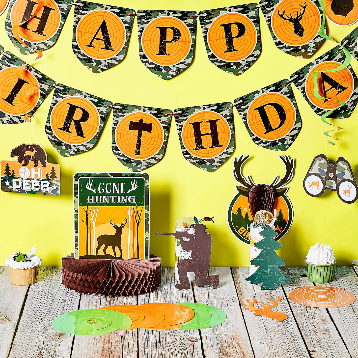 Tatuo 16 Pcs Camo Deer Hunting Birthday Party Decorations - Orange Paper Set with Banner & Centerpieces