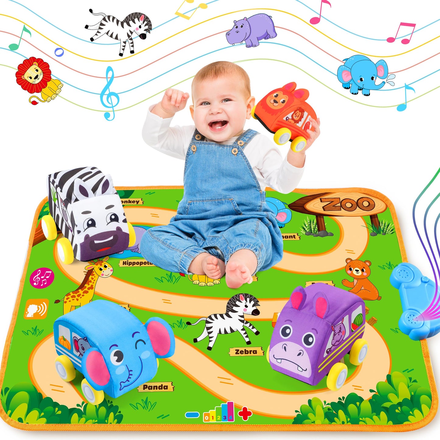 Helsort Baby Car Toys for 1 Year Old Boy with Musical Playmat, Animal Sounds and Pull Back Vehicles for Toddlers 1-3, Soft Baby 