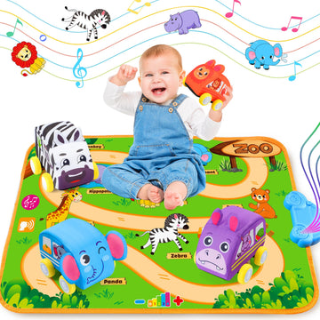 Helsort Baby Car Toys for 1 Year Old Boy with Musical Playmat, Animal Sounds and Pull Back Vehicles for Toddlers 1-3, Soft Baby 