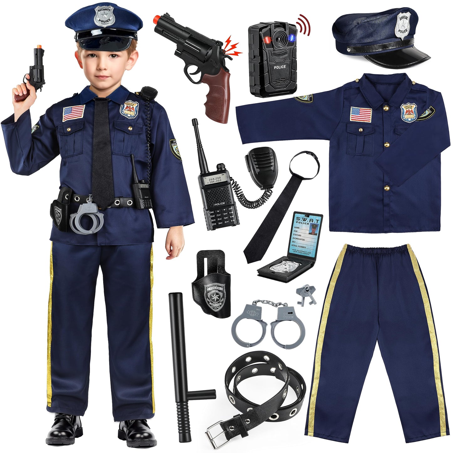 Joycover Police Officer Costume for Kids - Deluxe 13pcs Role Play Kit, L(8-10Y), Polyester, Boys & Girls Halloween Costume
