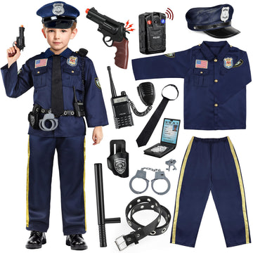 Joycover Police Officer Costume for Kids - Deluxe 13pcs Role Play Kit, L(8-10Y), Polyester, Boys & Girls Halloween Costume