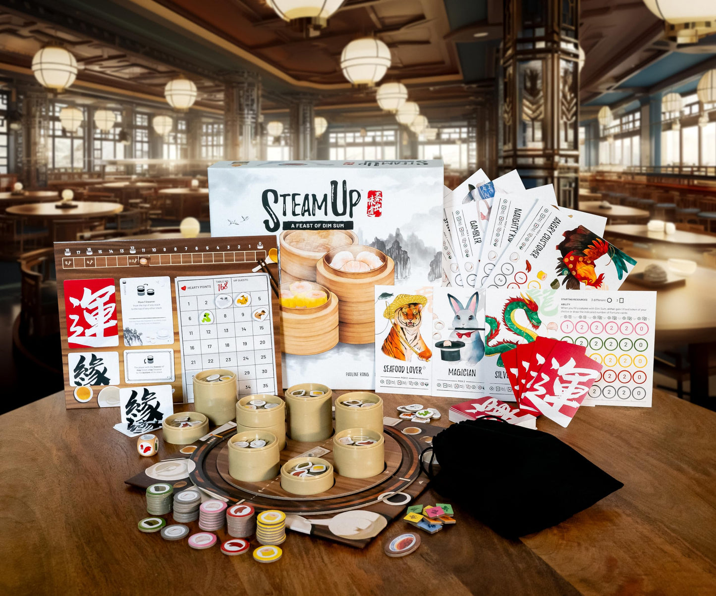 Kids Table Board Gaming Steam Up: A Feast of Dim Sum, Strategy Board Game, Cardboard, HBQ1102KTBG, Red and Green