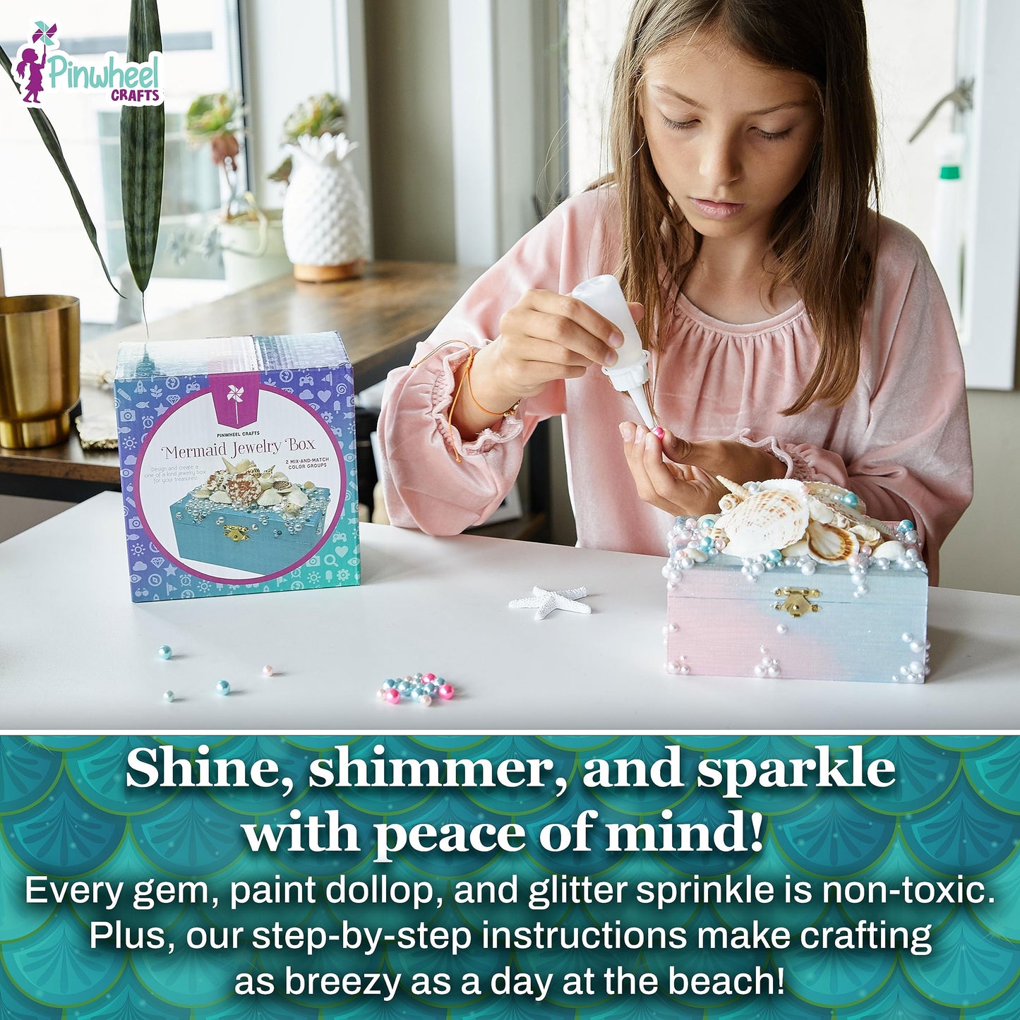 Pinwheel Crafts Mermaid DIY Jewelry Box Kit - 530Pc Craft Set for Girls 6+, 6x4x3 inches, Sparkly Paint, Model PW0012