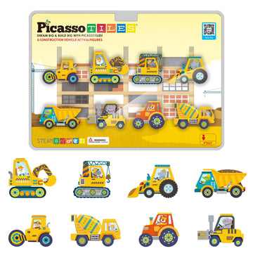 Picassotiles Magnet Building Tile Blocks Addon 8 Magnetized Action Figures Construction Vehicle Zoo Animal Theme Compatible With