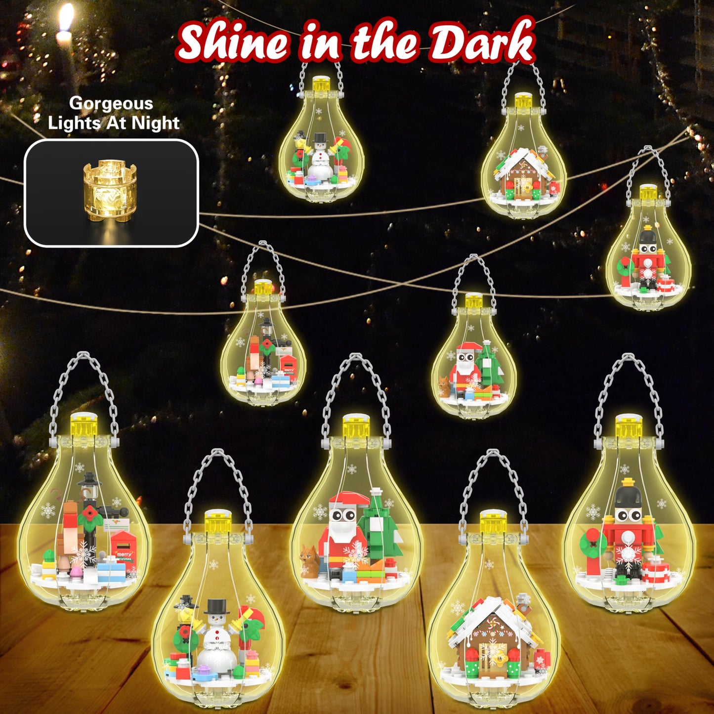 Wowok Christmas Ornaments Building Blocks - Multicolored Acrylic Decorations for Lego Trees, Reindeer, Snowman, Santa - 5 Pack Xmas Gifts