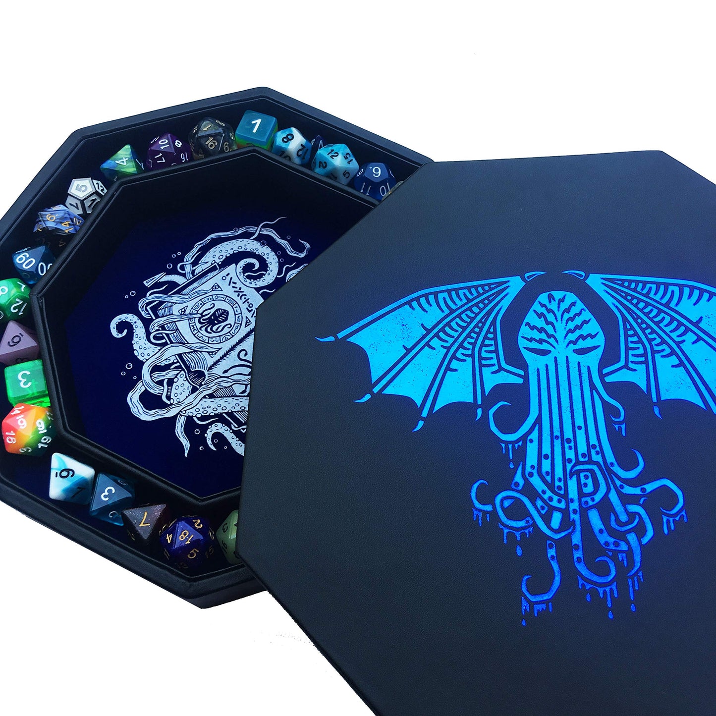 Fantasydice-Cthulhu Tome-Blue- Dice Tray - 8'' Octagon with Lid and Dice Staging Area- Holds 5 Sets(7 Dice Set/Standard) for All