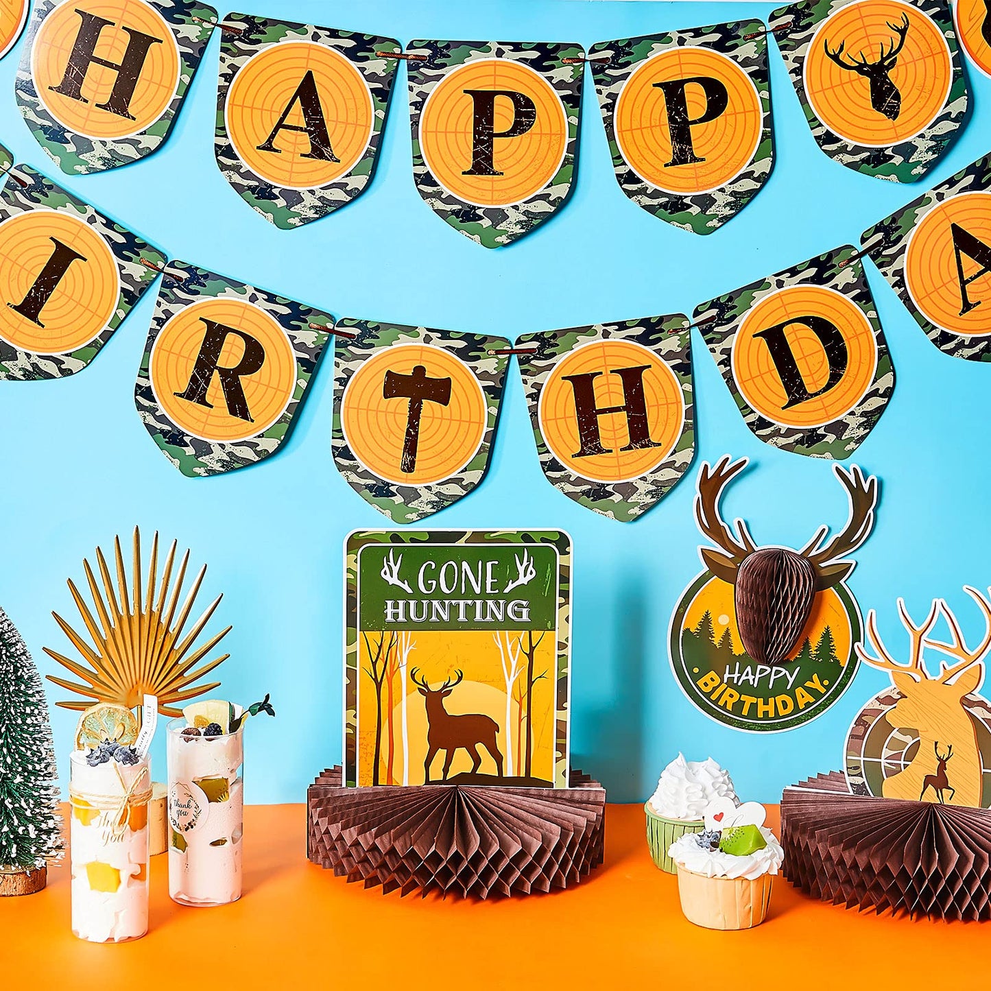 Tatuo 16 Pcs Camo Deer Hunting Birthday Party Decorations - Orange Paper Set with Banner & Centerpieces