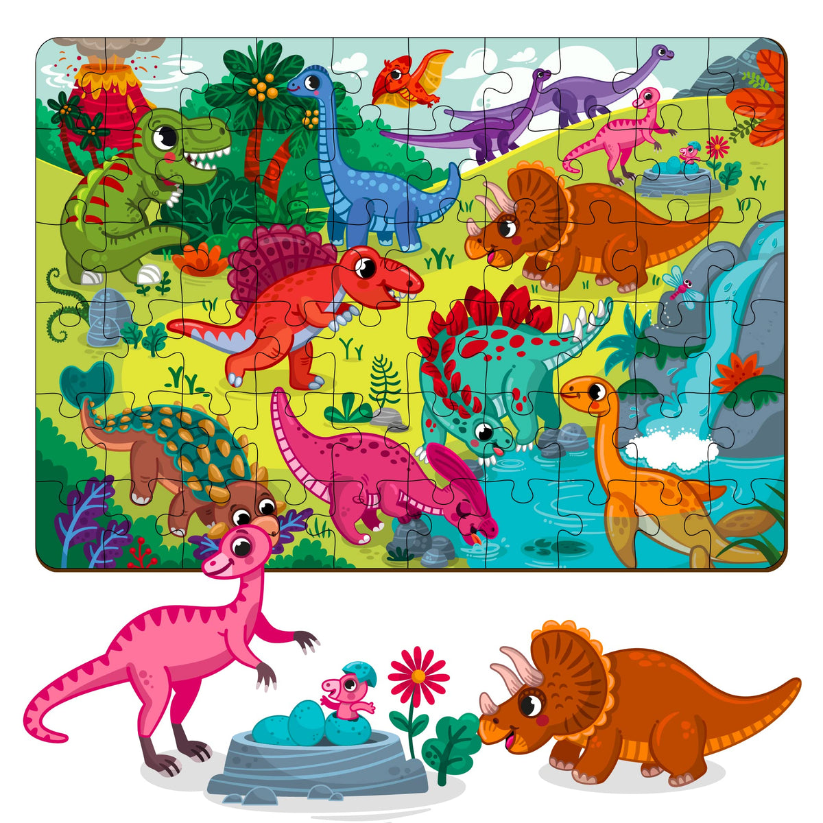 Mini Leaves 60 Piece Wooden Puzzle For Kids 46 Years  Dinosaurs World Jigsaw Floor Puzzle With Booster Cards & Box  Safe & Du