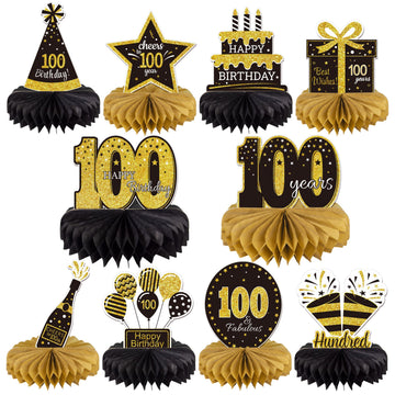 Gexolenu 10 Pcs 100 Birthday Honeycomb Centerpieces Gold Black Cheers To 100 Years Birthday Centerpieces Tables Toppers For Men