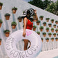 Rae Dunn x CocoNut Float Ring Float - mature-themed Size Large 48 Inch Inflatable Raft & Durable Water Inner Tube - Stable Ride-On for Summer Parties & Swim Events (Hello Gorgeous.)