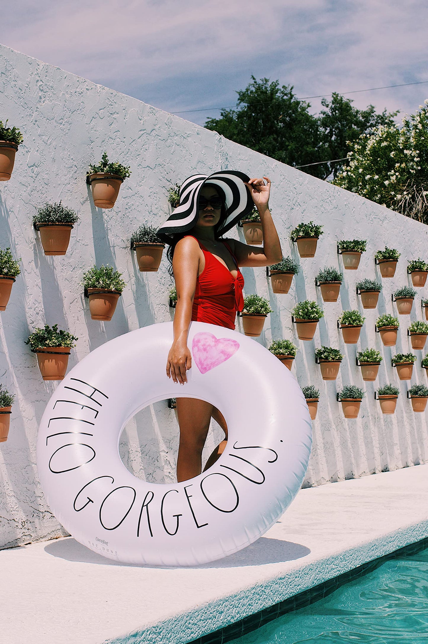 Rae Dunn x CocoNut Float Ring Float - mature-themed Size Large 48 Inch Inflatable Raft & Durable Water Inner Tube - Stable Ride-On for Summer Parties & Swim Events (Hello Gorgeous.)