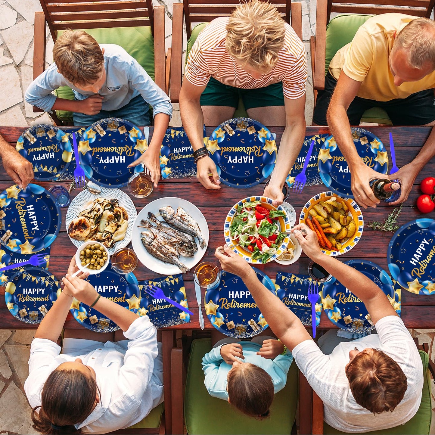 Gisgfim 96 Pcs Retirement Party Supplies Paper Plates Napkins Blue Gold Happy Retirement Party Tableware Decorations Favors For