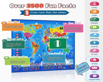 Qiaojoy Bilingual Interactive World Map For Kids Learning And Educational Toys, Talking Electronic Kids World Map I-Poster Geogr