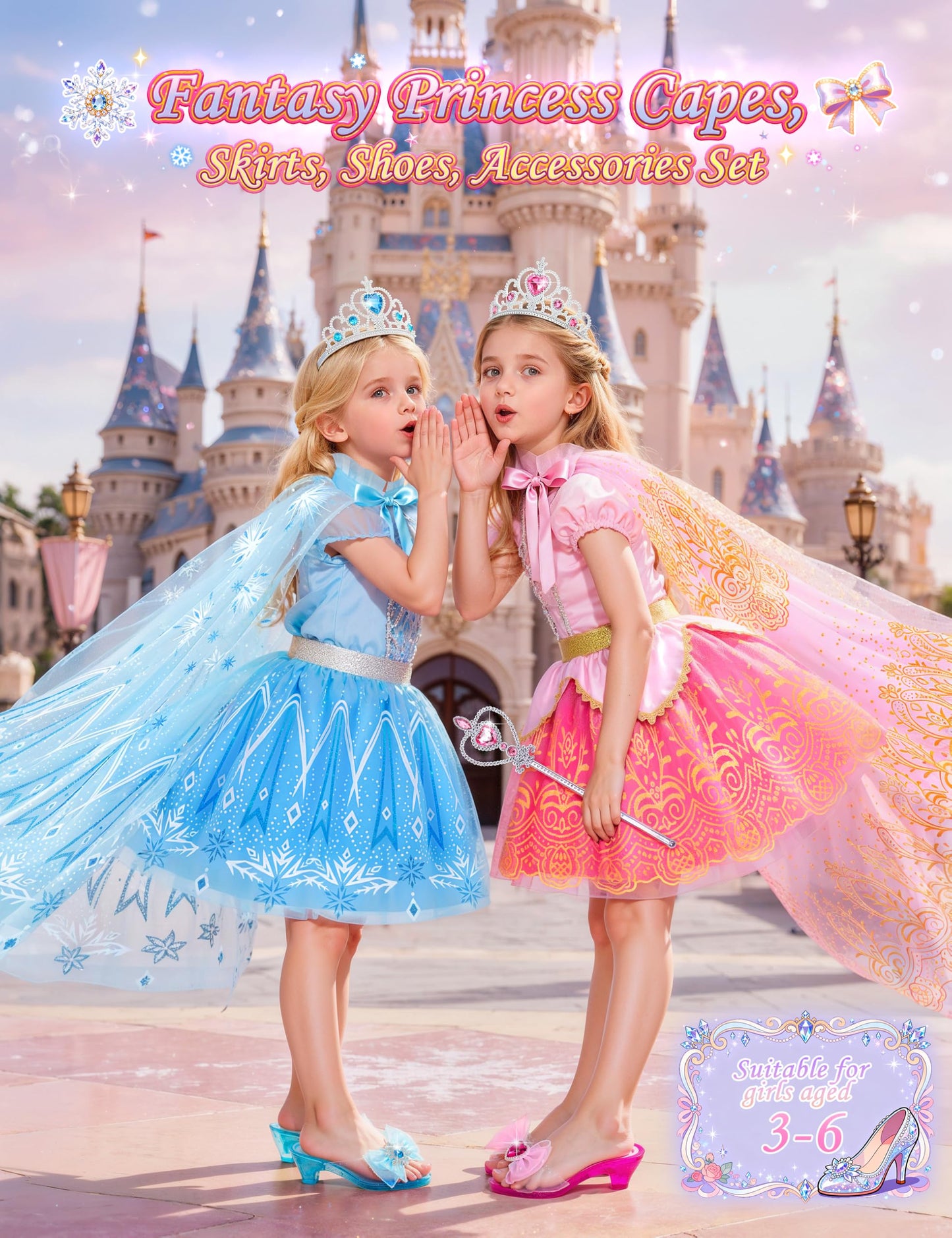 DUDUCOFU Princess Dress Up Clothes for Little Girls Toddlers, Princess Dress Up Shoes Set with Princess Cape Tutu Shoes Crown Wa