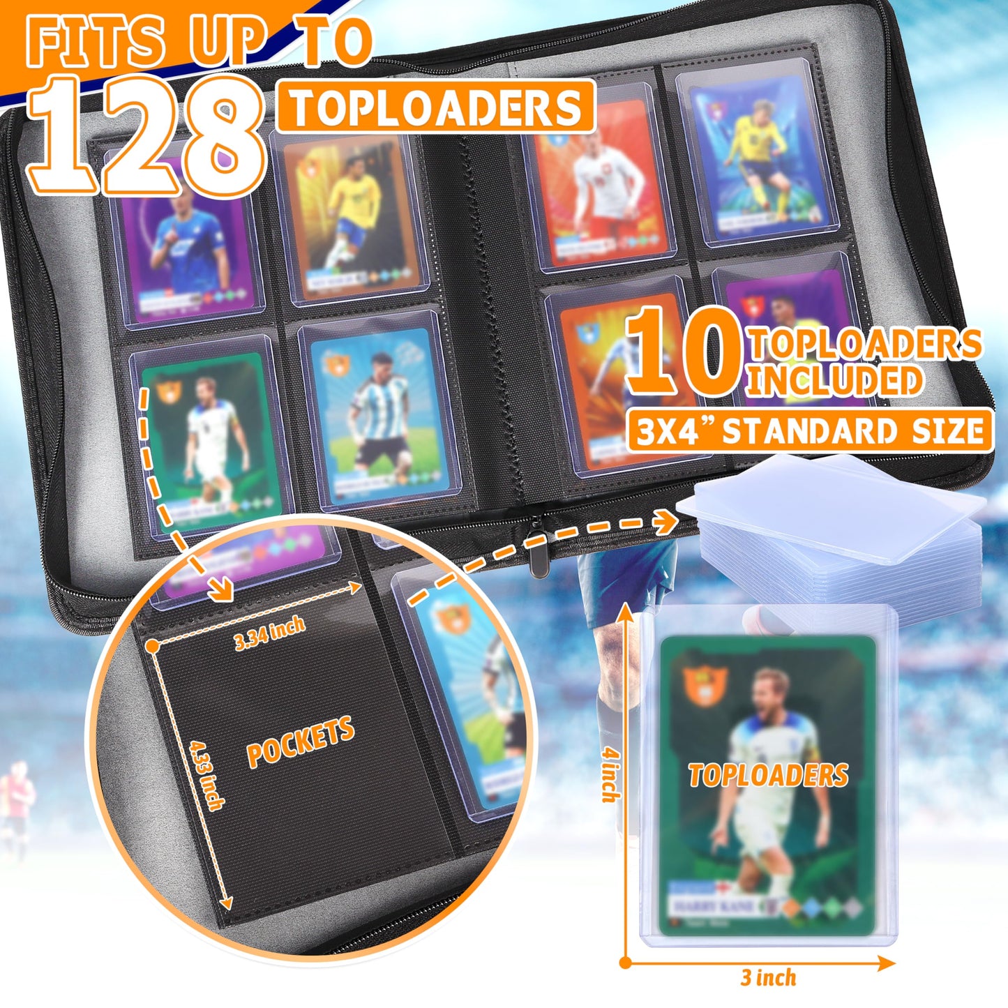 ZAIONE Toploader Binder for Trading Cards: 4 Pockets enhanced Top Loader Binders - Holds 128 Toploaders 10 Toploaders Included for 2025 Sports Card Folders Storage(Black Classic Texture)