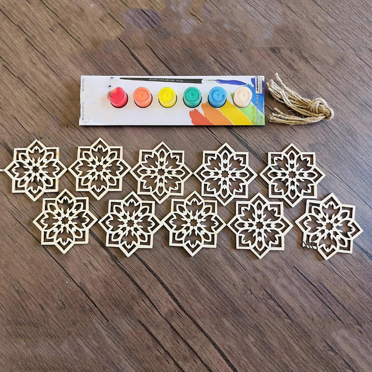 American Elm Pack Of 10 Ramadan Wood Crafts For Kids, Diy Painting Kit For Eid Decor, Wooden Star Banner With Jute Twine, Ramada