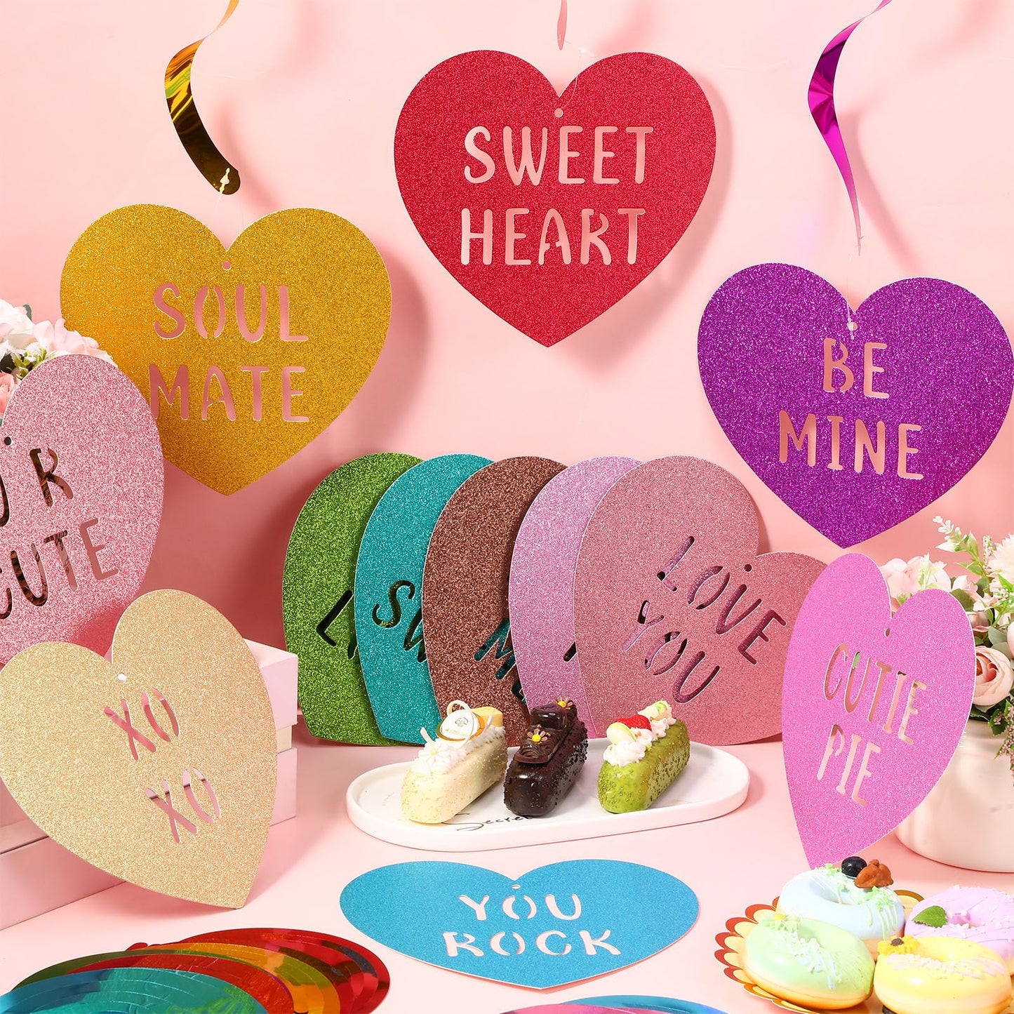 Faccito 30 Pcs Valentines Day Hanging Decorations Valentines Day Glitter Hearts Swirl Ceiling Hanging Ornaments Conversation H