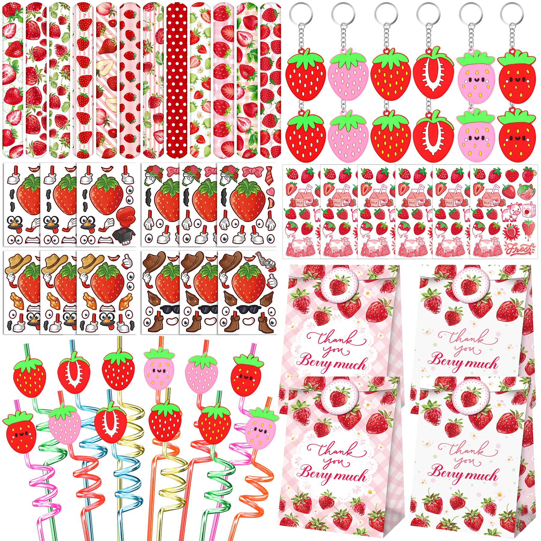 Strawberry Party Favor 72 PCS Sweet Berry Slap Bracelets DIY Stickers Temporary Tattoos Keychain Plastic Straws Gift Bags for Ki