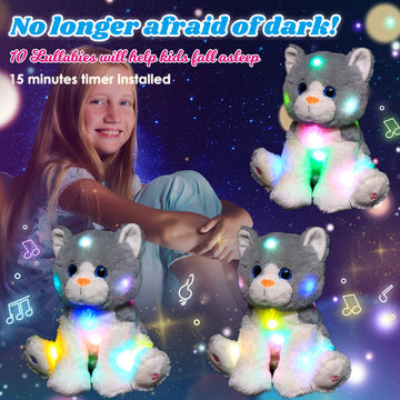 Cuteoy Kitty Led Musical Stuffed Animal Light-Up Singing Plush Cat Adjustable Volume Lullaby Plushies Birthday Christmas Toy Gifts For Kids Toddler Girls, 10.5'