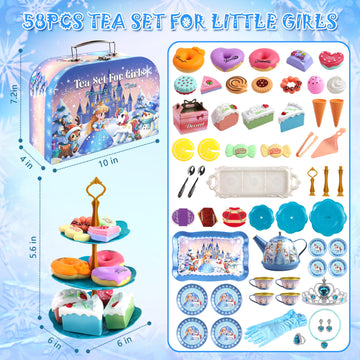 Motiloo Tea Party Set for Little Girls, 58Pcs Princess Tea Set Play Kitchen Toy with Dessert, Doughnut, Carrying Case for Birthd