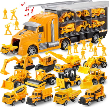 JOYIN 25 in 1 Construction Truck Vehicle Toy Set, Play Vehicles Set with Sounds and Lights in Carrier Truck, Push and Go Vehicle