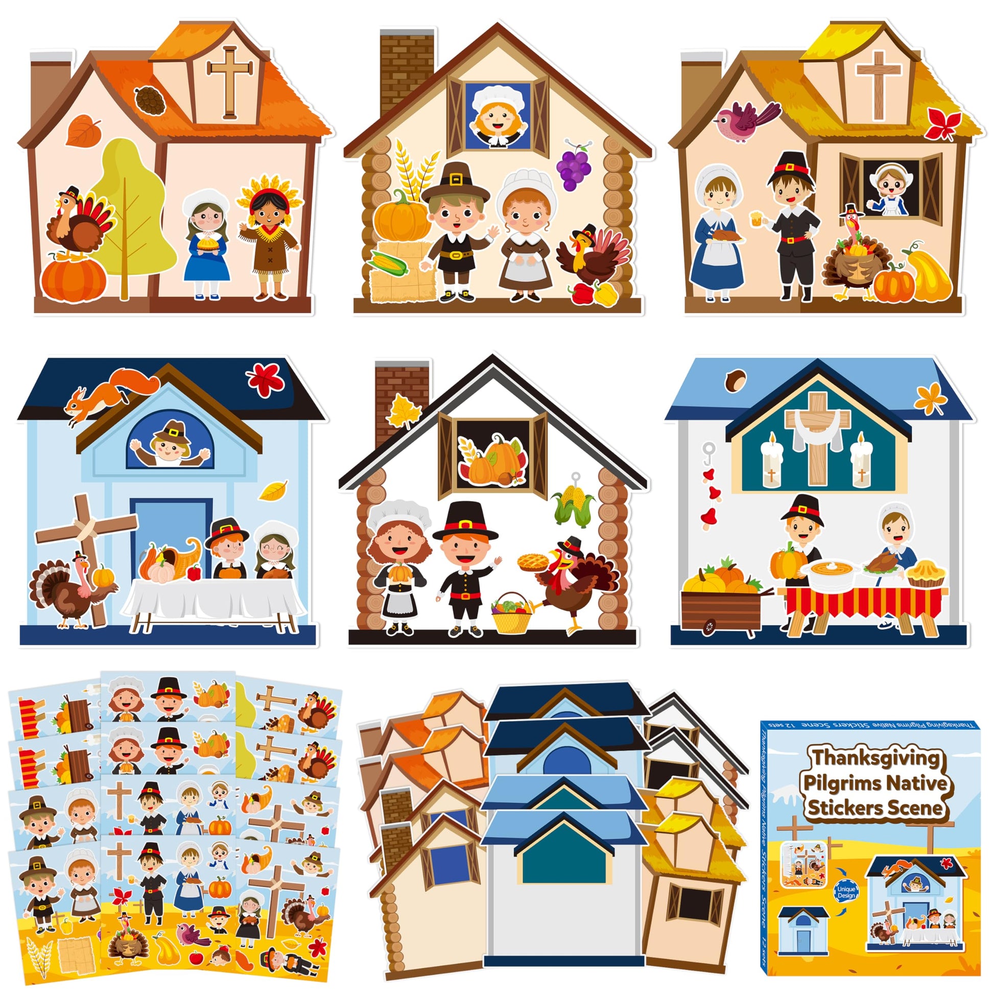 CY2SIDE Thanksgiving Pilgrimage Scene Sticker - 12 Set Pilgrims Theme Sticker Art Craft for Kids Classroom Activities, Make a Na