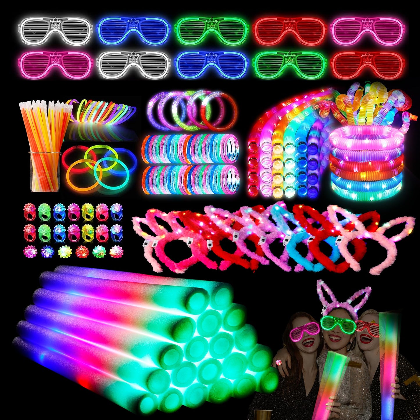 Glow Party Supplies, 138Pcs Glow In The Dark Party Supplies, 10Pcs Foam Glow Sticks,50Pcs Glow Sticks,10Pcs Led Glasses,10Pcs Led Bunny Ear Headband,20Pcs Led Ring,18Pcs Pop Tubes,20 Led Bracelet