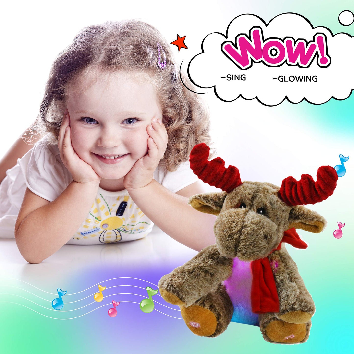 Bstaofy Led Musical Reindeer Christmas Stuffed Animal Creative Singing Elk Soft Plush Toy Night Light Up Colorful Cute Elk Plush Soft Lovely Toy Bedtime Doll Birthday Gifts, 12''