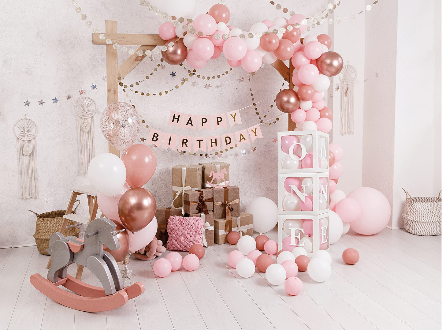 HDLJD Baby Girl First Birthday Party Decorations - 'ONE' Letters, 10" White & Baby Pink Square Boxes with 24 Balloons, Model HZ001