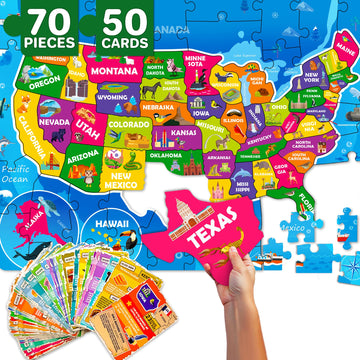 Quokka Puzzles For Kids Ages 4-6 - 70 Pcs Jigsaw Puzzles For 6-8 Year Olds - 50 Double-Sided Cards | Learn Usa| Stimulating Education Activity Gift - Shaped Puzzles For Toddlers