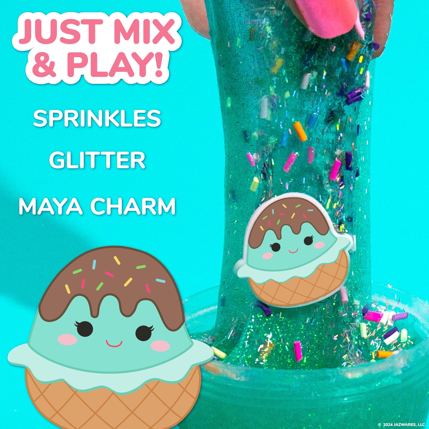 Original Squishmallows Glitter Slime, Mini Squishmallows Maya The Ice Cream Charm, Chocolate Scented Slime, 3 Fun Slime Add-Ins, Pre-Made Slime For Kids, Great 6 Year Old Toys, Sludge Toy