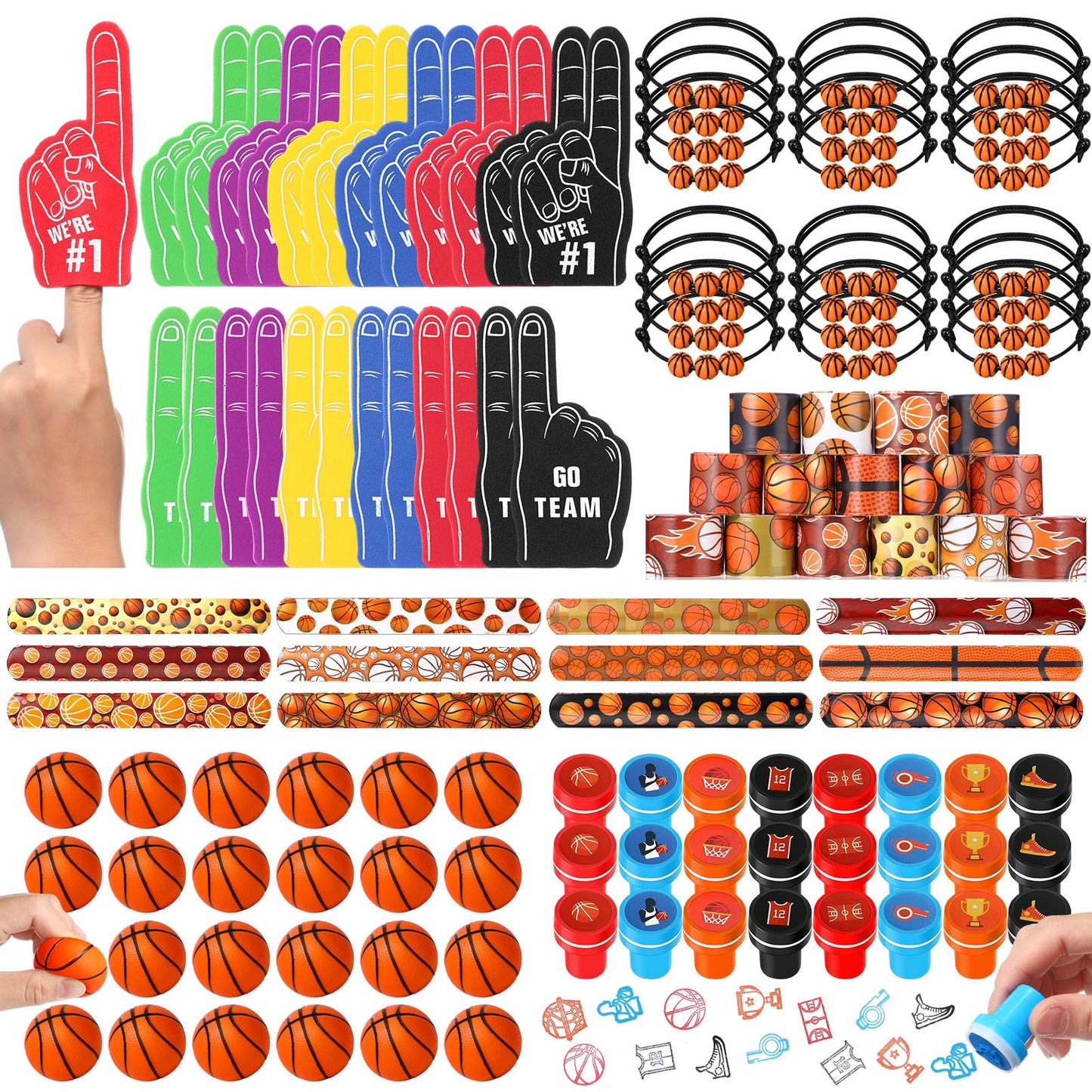 Aoriher 120 Pcs Basketball Sports Party Favors Set Serve 24, Basketball Goodie Bulk Foam Finger Mini Stress Ball Slap Bracelet C