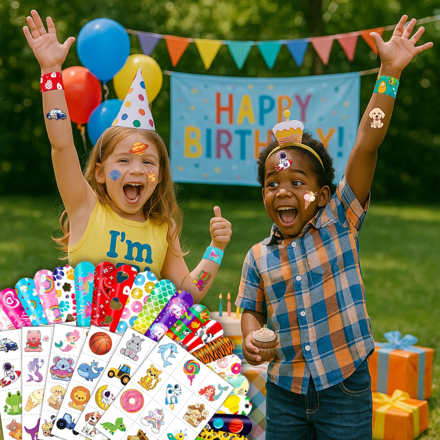 144PCS Party Favor Classroom Prizes For Kids - 72 Temporary Pre-Cut Tattoos & 72 Slap Bracelets - Fun Party Favors for Boys & Gi