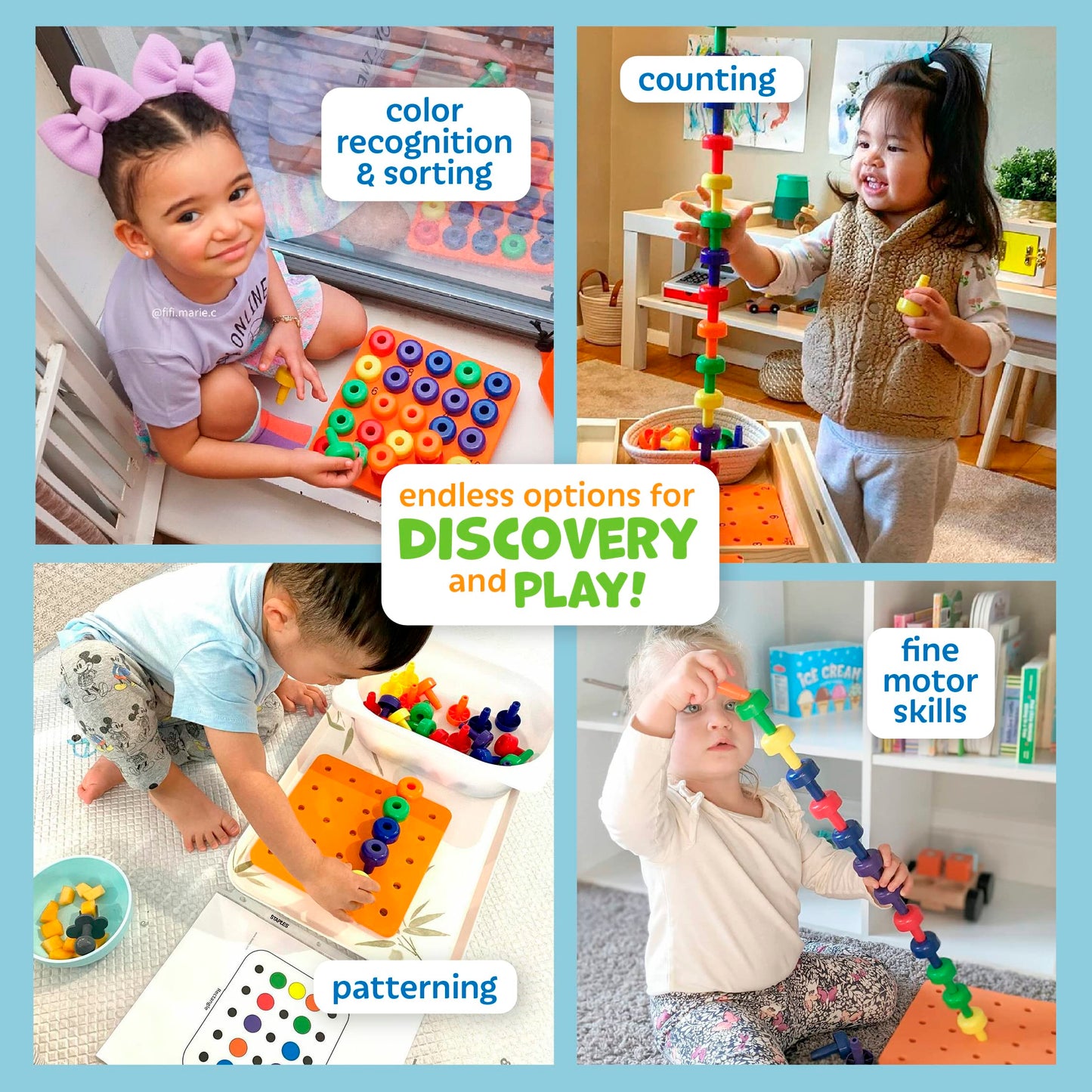 Skoolzy Montessori Sensory Pegboard 33 Piece Set - Develop Sensory Play Occupational Therapy Stem Learning Educational Toys For Kids 2+ - Includes Foam Board, Lacing String, Dice, Storage Bag, Ebook