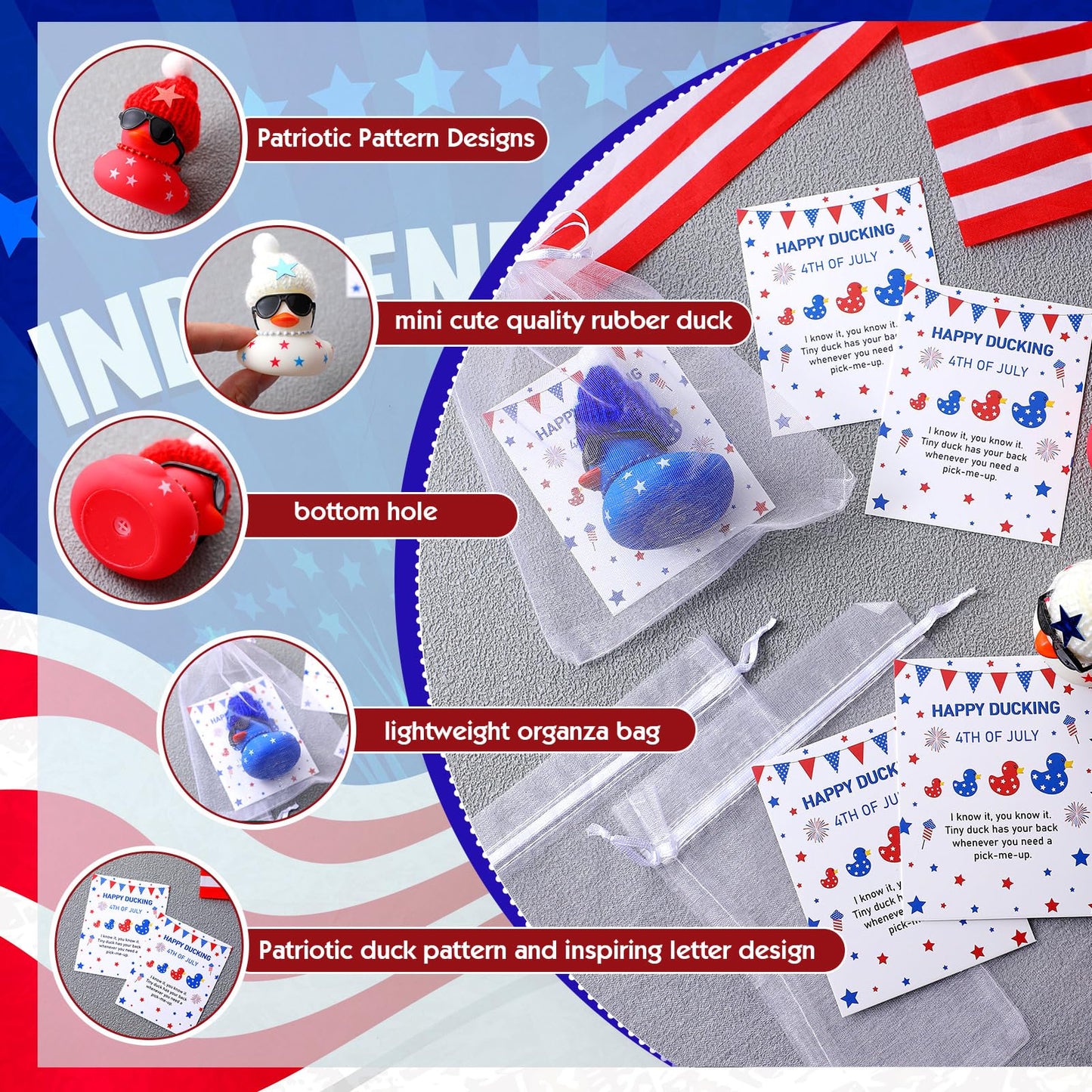 Lunmon 200 Pcs 4Th Of July Party Favor 50 Pcs Red White Blue Patriotic Rubber Duck 2 Inch Sunglass Independence Day Duck For Bat