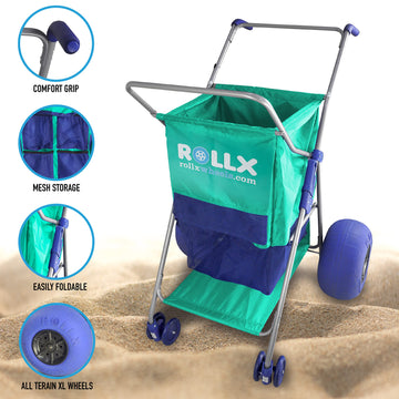 Rollx Beach Cart With Big Balloon Wheels For Sand, Foldable Storage Wagon With 13 Inch Beach Tires (Pump Included) (Seafoam)