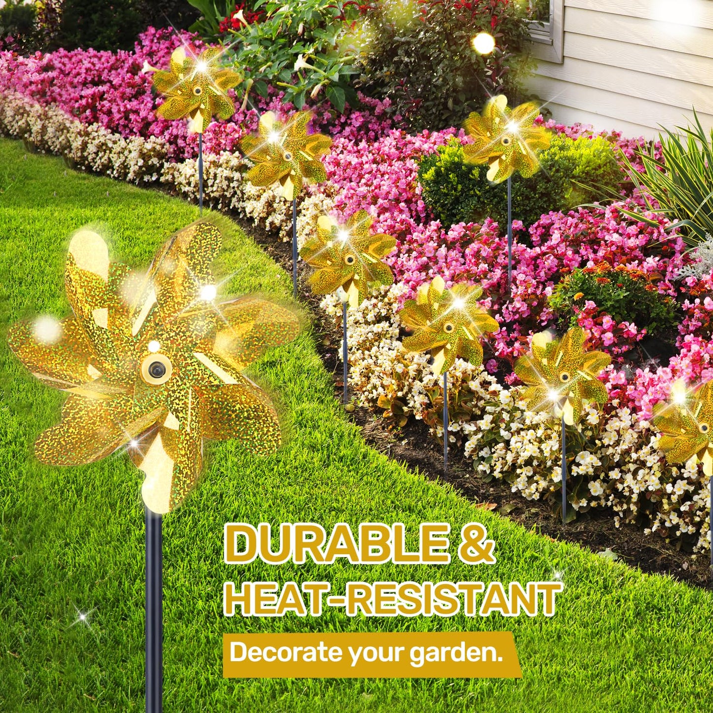 Battife Golden Pinwheels For Garden, 10 Pack Reflective Wind Spinner To Scare Birds Away, Sparkly Pinwheel Deterrent, Outdoor Go
