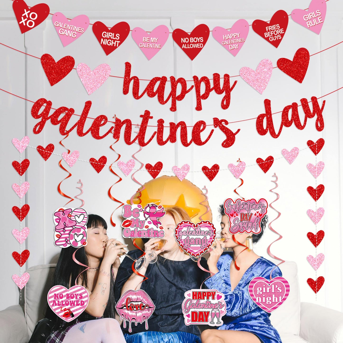 Happy Galentines Day Banner, Red Glittery Galentines Day Decorations with Heart Garland Hanging Swirls, Ladies Girls Happy Vale