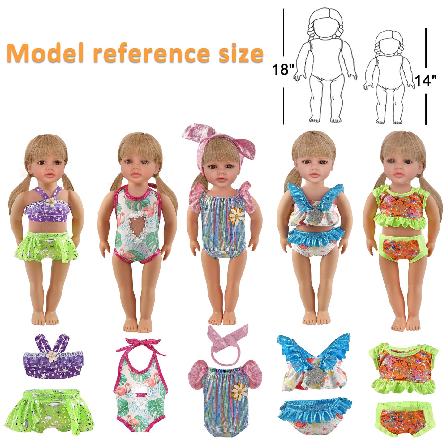 18'' Doll Swimwear Bundle (9 Sets) | Mermaid Tail & Bikini Outfits With Hair Accessories | Summer Water Play Costumes & Party Dr