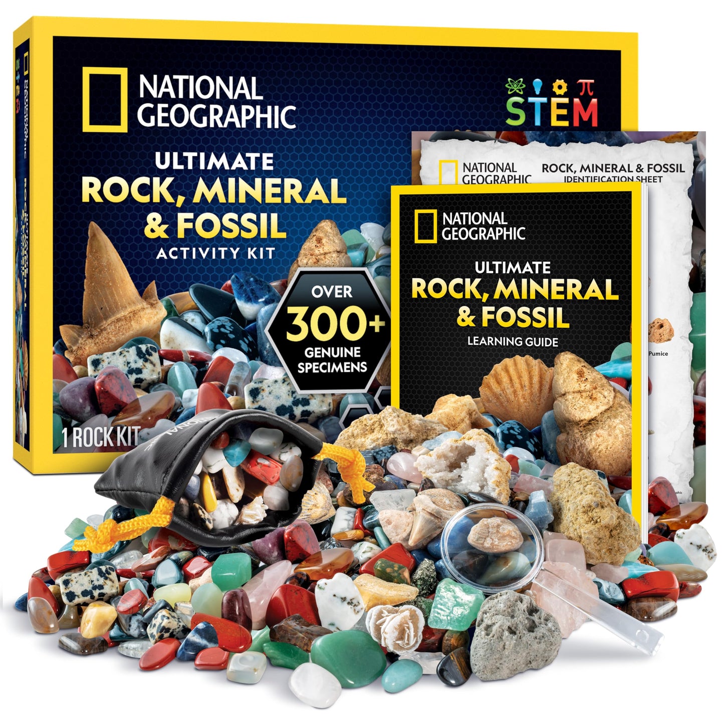 NATIONAL GEOGRAPHIC Rock Collection Box for Kids - 300 Piece Gemstones and Crystals Set Includes Geodes and Real Fossils  Rocks and Minerals Science Kit for Kids  A Geology Gift for Boys and Girls