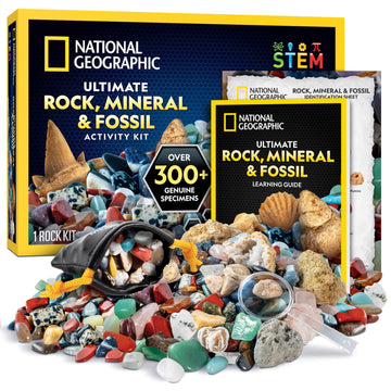 National Geographic Rock Collection Box For Kids - 300 Piece Gemstones And Crystals Set Includes Geodes And Real Fossils, Rocks