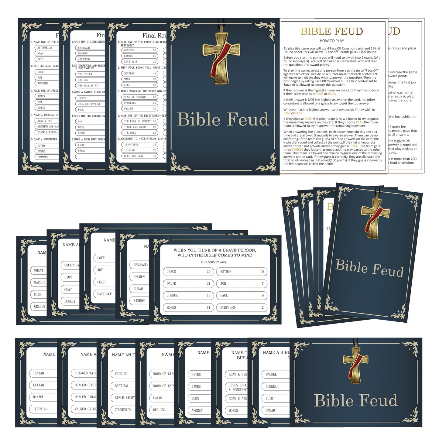 Tuiemie Bible Feud Quiz - Family Trivia Game, 5x7 & 4x6 Inches, Multicolor Paper Cards for Adults & Church Groups