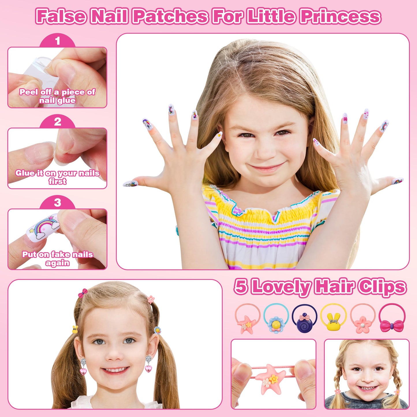 Kuovei 99 Pcs Kids Makeup Kit for Girls, Washable Cosmetics Set, Rose Red, Perfect for Ages 3-8 with Mirror, Hair Ties, Nails, and Jewelry