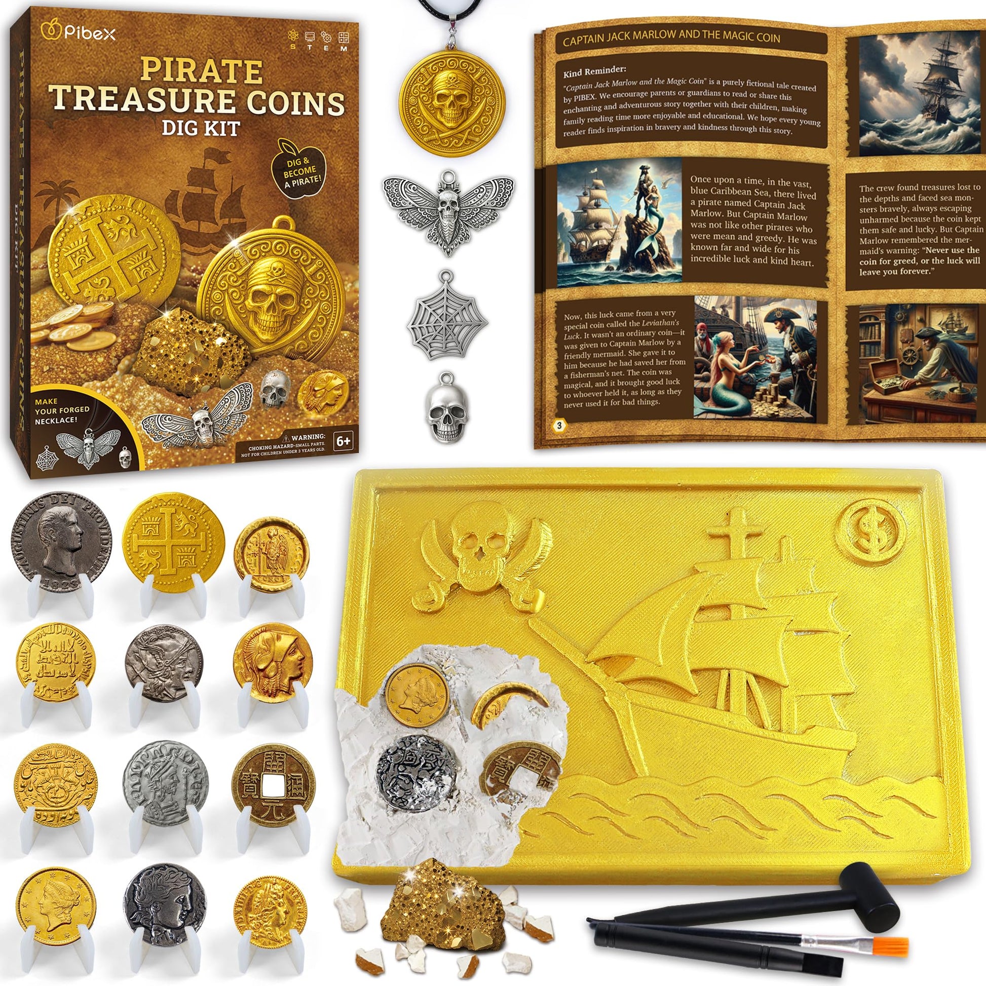 PIBEX Pirate Treasures Dig Kit - Excavate 16 Ancient Metal Coins (Gold/Silver/Bronze)  Fools Gold & Pirate Charms - STEM Toy & Necklace Making Kit for Kids Ages 6-12  Great Gift for Coin Collectors