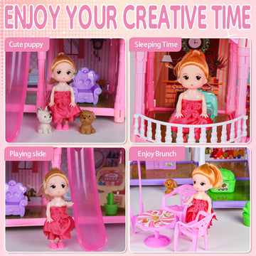 Doll House For Girls,10 Rooms Purple House Toy With Dolls Figure, Puppies,Furnitures, Accessories, Kids Playhouse Gift For For 3
