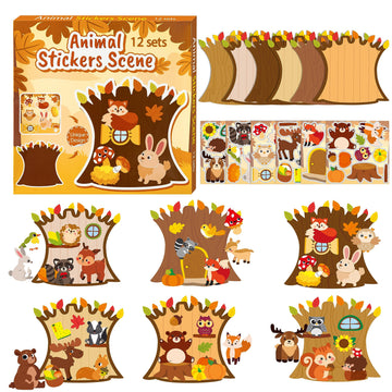 Cy2Side 12 Sets Fall Woodland Animal Scene Sticker Art Craft For Kids, Make A Fall Woodland Scene With Fox Pumpkin Sticker, Diy Autumn Party Games For School Classroom Activities