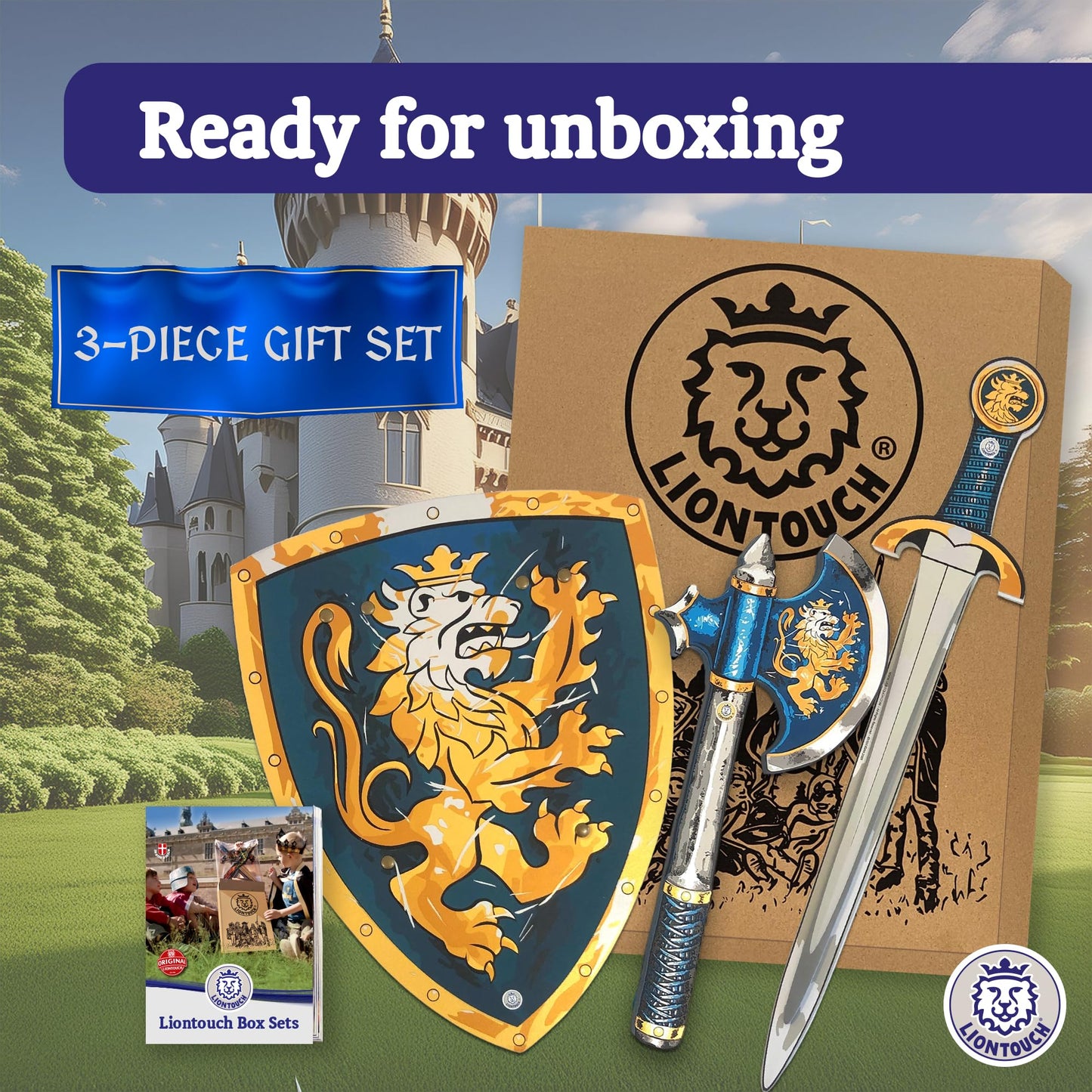 Liontouch - Noble Knight Toy decorative replica blade  Shield & Axe  Blue | Medieval Pretend Play Set in Foam for Children with Golden Lion Theme | Safe  & Combat Accessories for Dress Up & Costumes for Boys