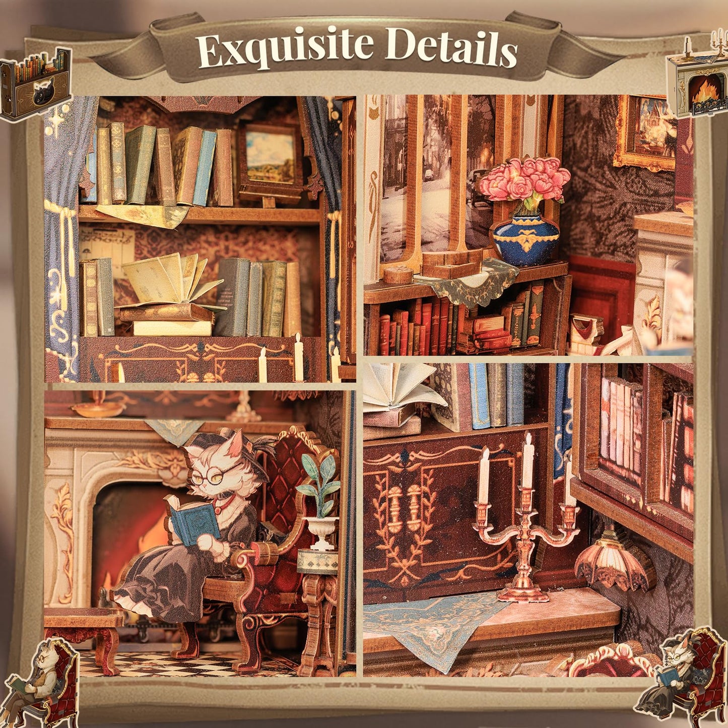 CUTEBEE DIY Miniature Book Nook Kit with LED Light, Colorful Wooden Model for Adults & Teens, Cat's Study, One Size