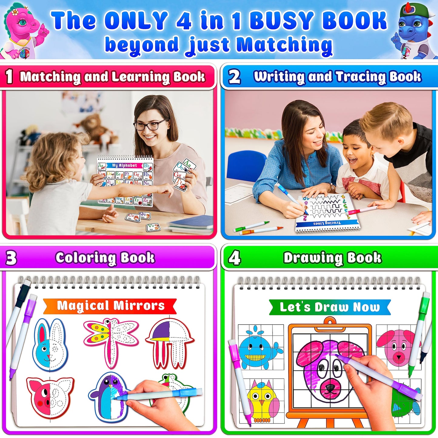 Curious 2 Learn Montessori Pre-Assembled Busy Book For Toddlers Ages 3 And Up, Pre K Preschool Learning Activities Book - Autism Sensory Learning & Education Toys Kindergarten Workbook (Blue)