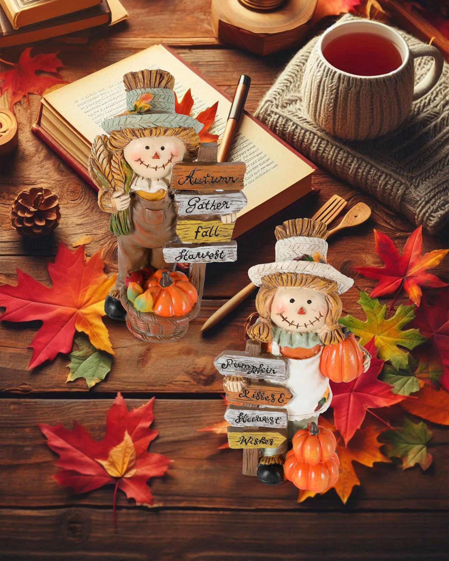 Gognome 2-Pack Thanksgiving Scarecrow Figurines With Inspirational Autumn Plaques - Durable Resin 5.5'' Thanksgiving Table Decor